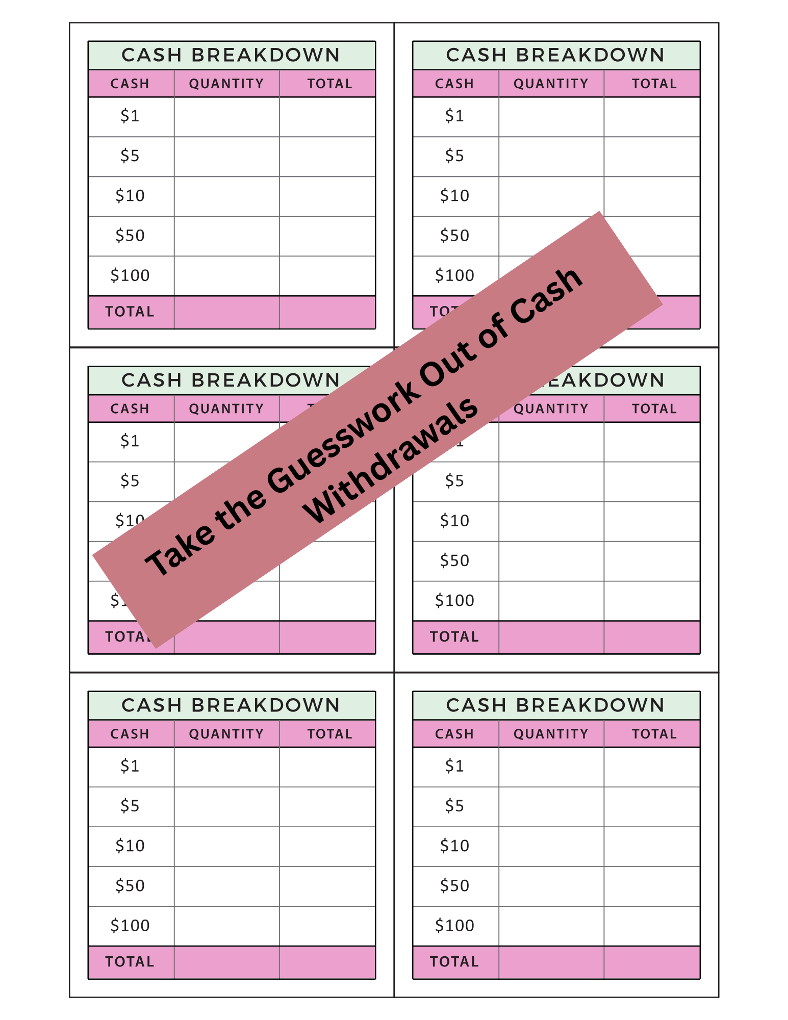 Cash Breakdown Slip (Digital & Printable PDF)